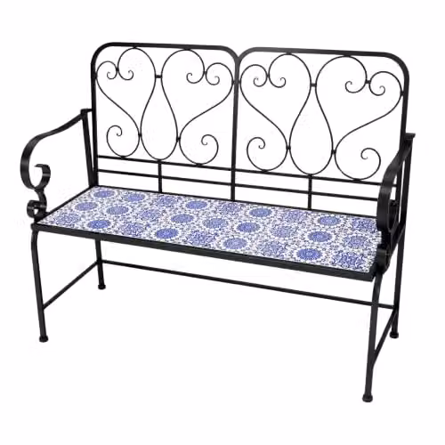 SHATCHI Porto 2 Seater Mosaic Garden Bench with Blue Ceramic Tile Seat and Lacquered Metal Frame, W: 112 cm, H: 96 cm, D: 47 cm – 1