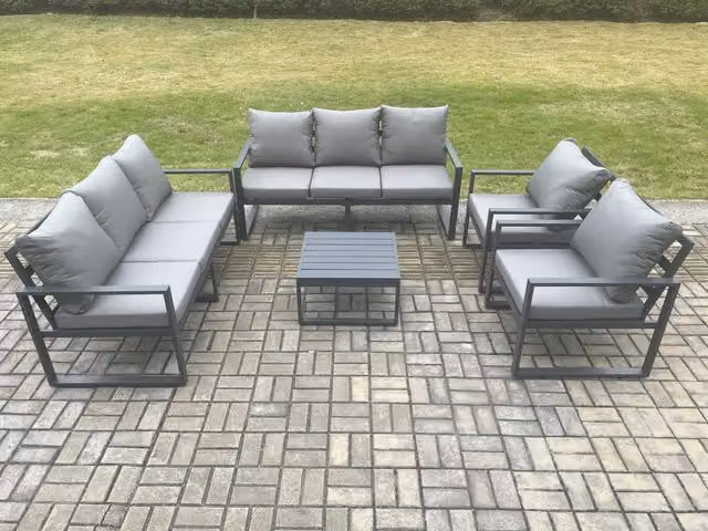 Fimous 8 Seater Outdoor Lounge Sofa Set with Coffee Table and Armchairs in Dark Grey Powder Coated Aluminium