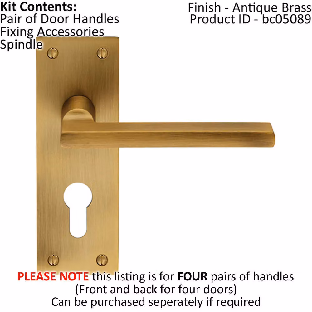 Loops 4x Pair Straight Bar Lever on Slim Euro Lock Backplate, Antique Brass, W: 150 mm x H: 50 mm – 2
