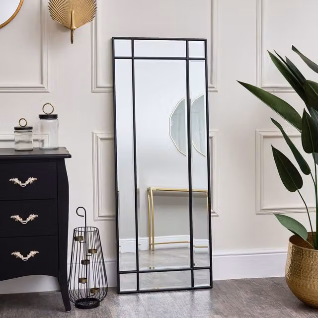 Melody Maison Art Deco Black Framed Wall or Leaner Mirror, H 142 cm x W 54 cm