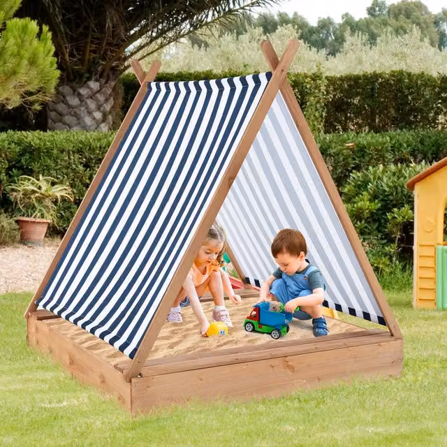 Costway Wooden Kids Sandbox with Cover in Brown