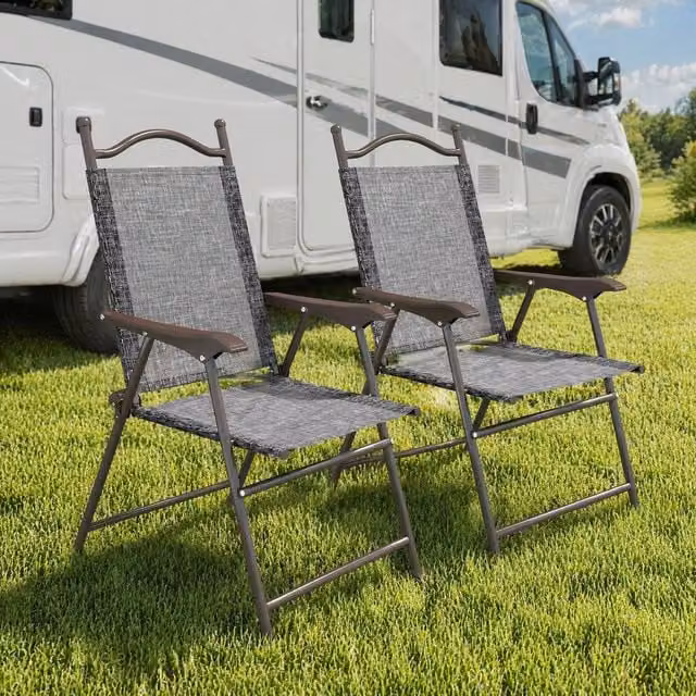STILVORA Set of 2 Modern Folding Garden Chairs with Grey Fabric Mesh Seats and Matt Steel Frame