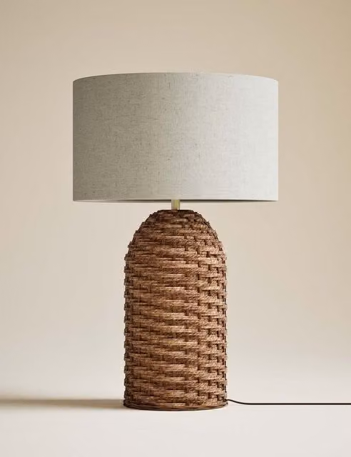 M&S Rattan Table Lamp with Fabric Shade in Brown and Beige