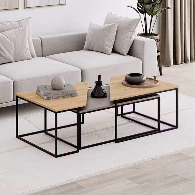 Decortie 3-Piece Nesting Coffee Table Set in Oak and Grey