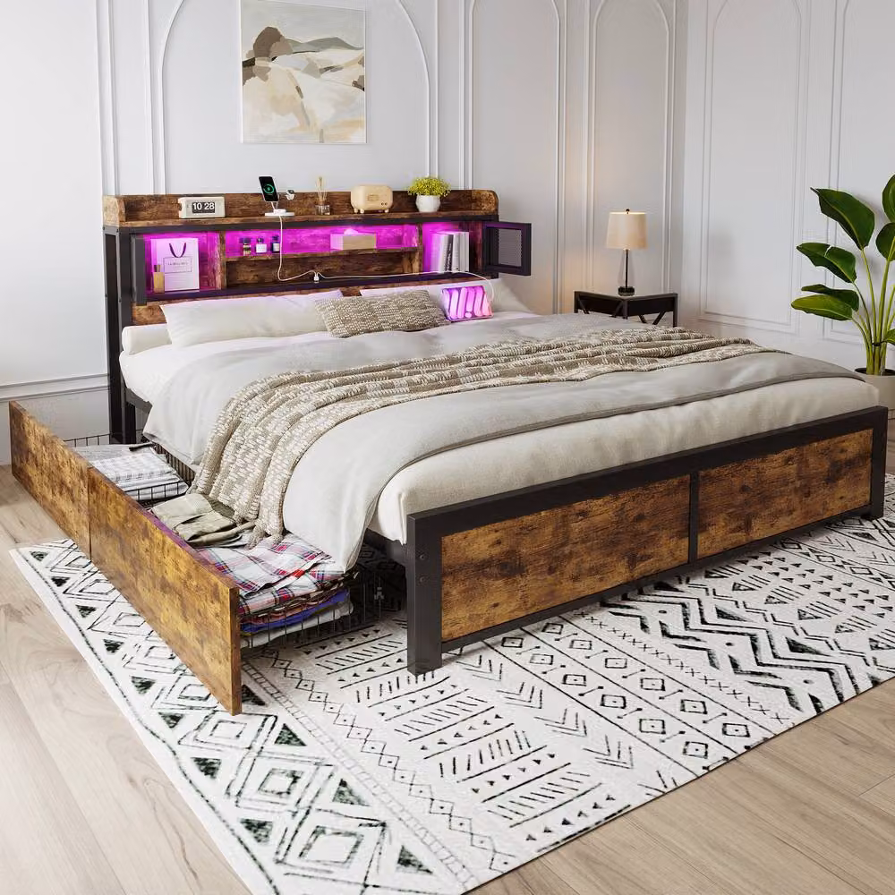 Merax Double Metal Bed with Storage Drawers, LED Lighting and USB Charging Ports in Brown and Black, W/D/H: 140 x 200 x 83.5 cm – 3