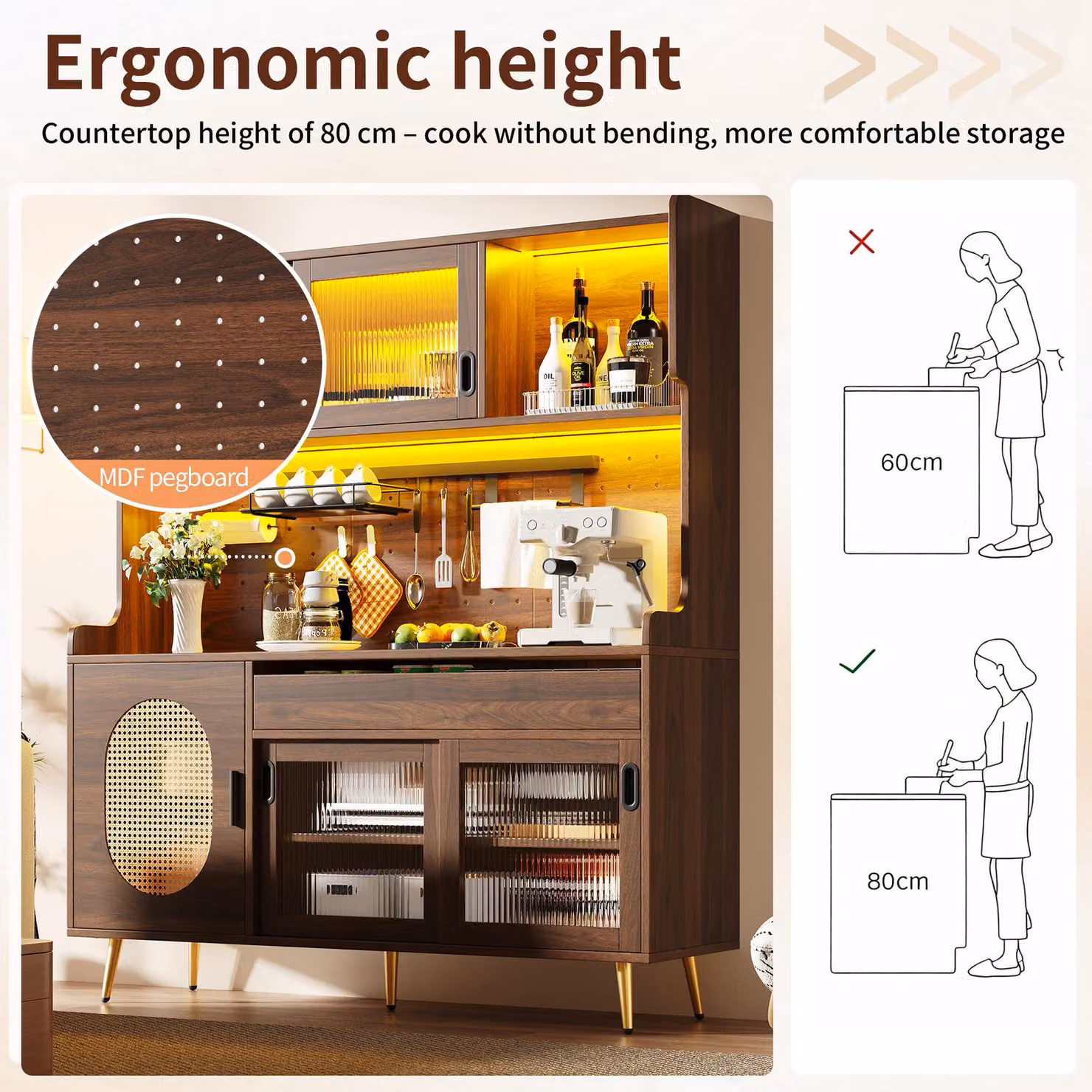 Aosom UK Country Style Sideboard with App-Controlled LED Light Strip, Brown, W: 145 cm, D: 39 cm, H: 171 cm – 4