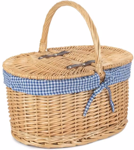 Red Wicker Oval Picnic Basket with Blue Check Lining in Brown, W/D/H: 41 x 35 x 23 cm