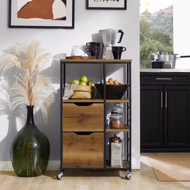 SoBuy Industrial Kitchen Trolley with Drawers and Shelves in Brown Wood