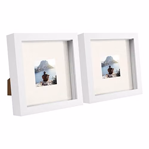 Nicola Spring White Square 3D Box Photo Frame with Ivory Mount, Hanging or Standing, Pack of 2