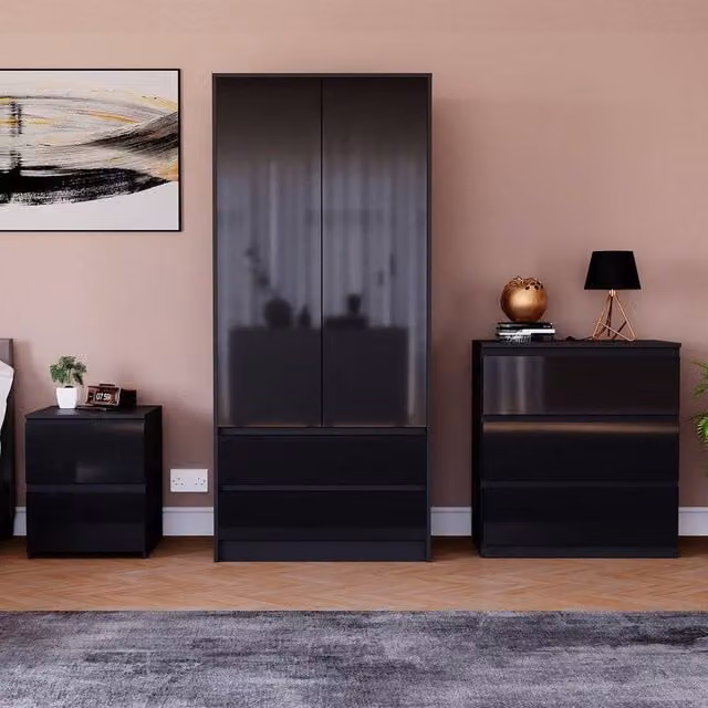 HD Designs Vida Designs Glinton 3 Piece Black Glossy Modern Bedroom Set – 1