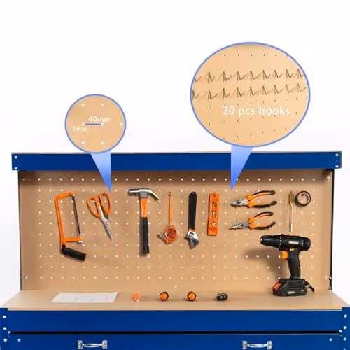 SwitZer Steel Garage Workbench with Pegboard and Drawers, Blue, W/D/H: 140 x 55 x 115 cm – 4