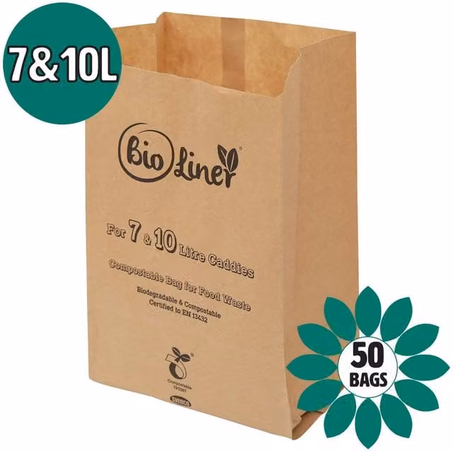 Bioliner Brown Compostable Paper Caddy Liners for 7 and 10L Bins, Medium, 50 Bags