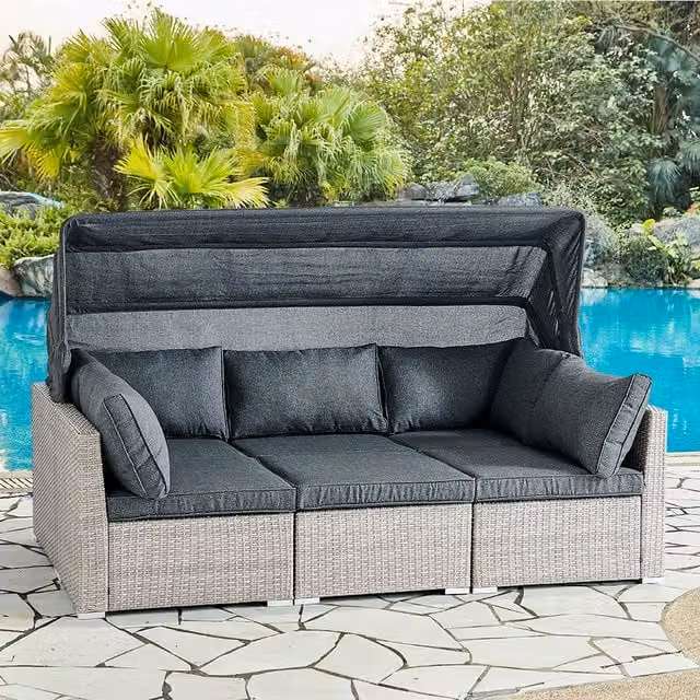 Sancho Rattan Corney Canopy Sunbed Set with Cover in Grey