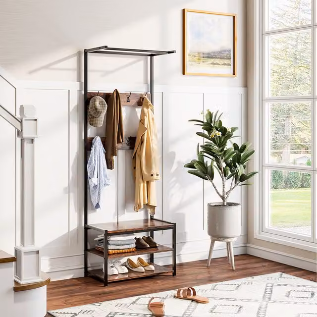Komore Minimalist Hall Tree with Bench and Dual Hook and Rail Matrix in Brown and Black, Width: 60 cm