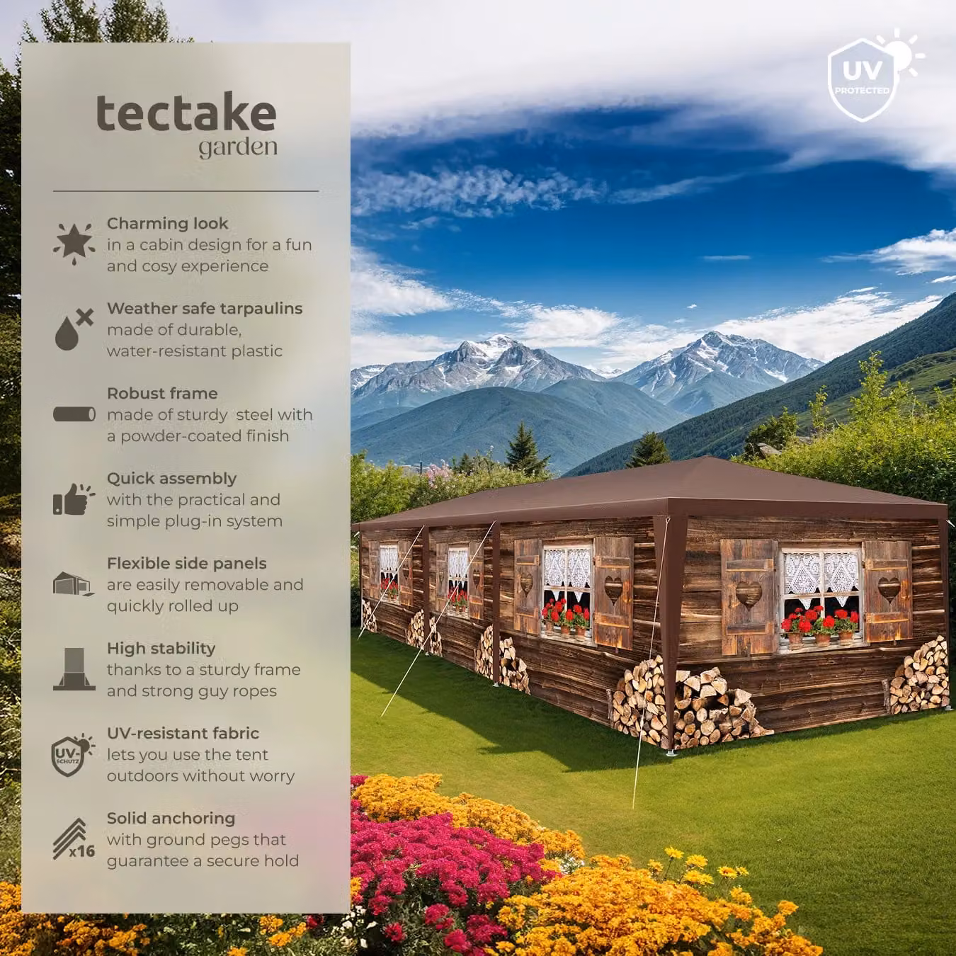 tectake Alpine Gazebo in Brown with Removable Side Panels and Windows, W/D/H: 900 x 300 x 250 cm – 2
