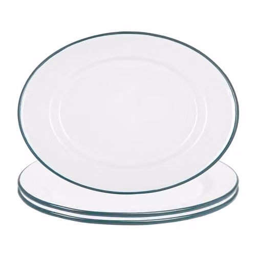 Argon Tableware White Enamel Serving Platters with Green Rims, Pack of 3, W: 30.5 cm, D: 22.5 cm