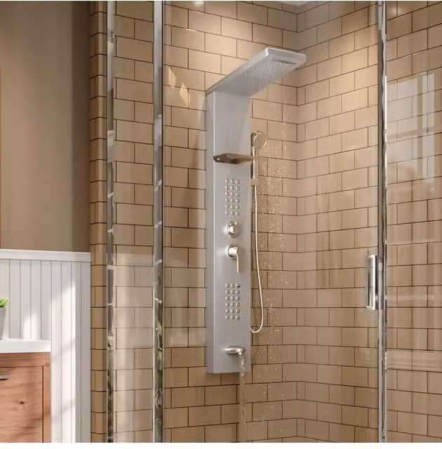 Living and Home Stainless Steel Wall Mounted Bathroom Shower Panel Tower System with Hand Shower and Massage Functions in Silver