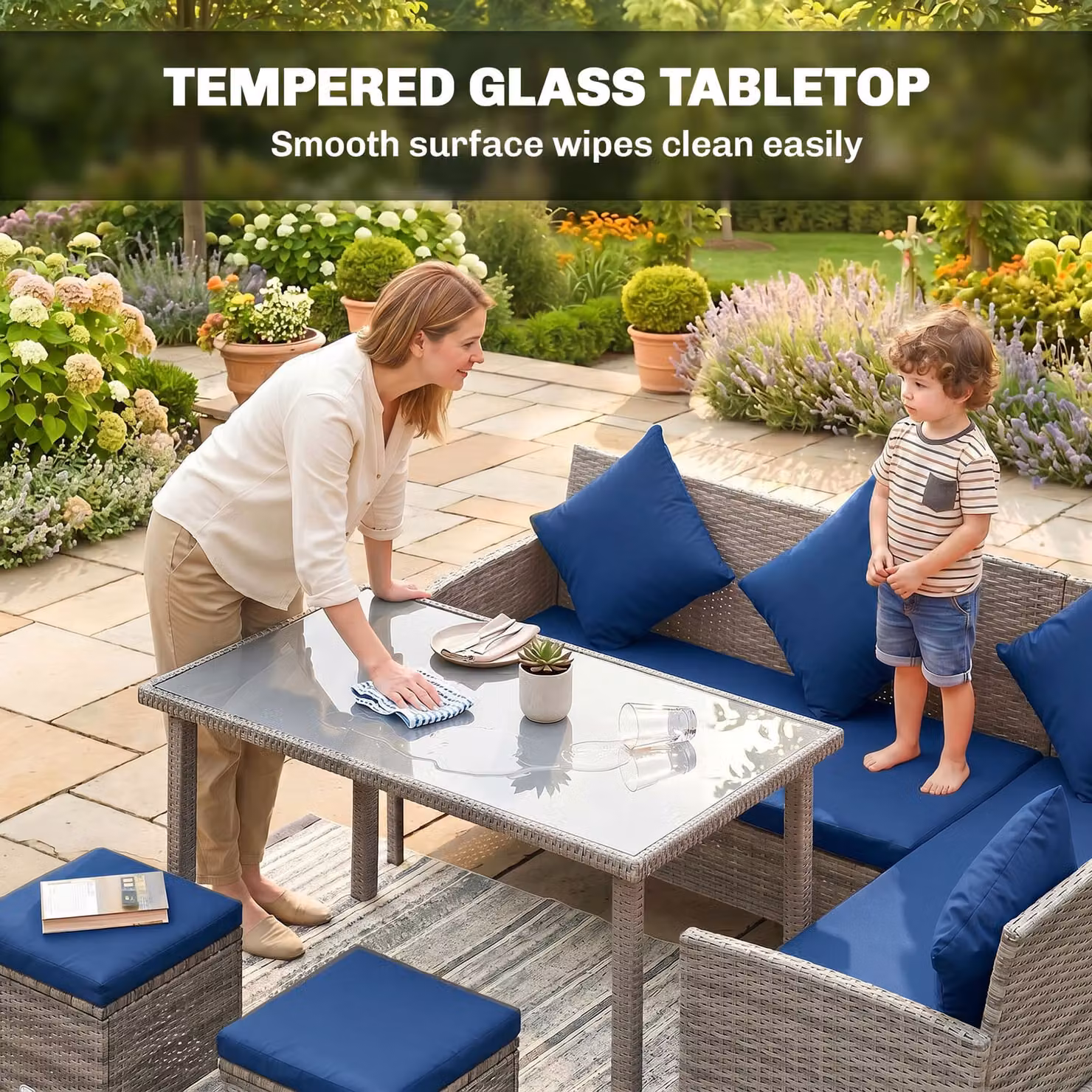 Outsunny 5 Piece Rattan Garden Furniture Set with Dining Table and Dark Blue Cushions – 7