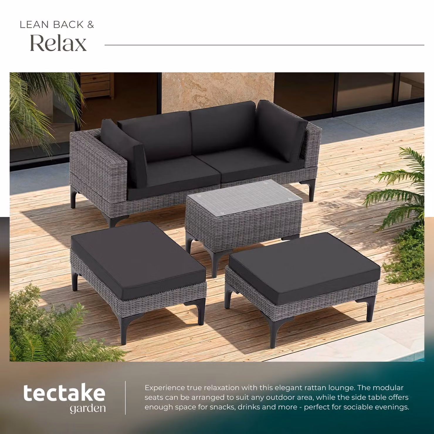 tectake Bellaria Rattan Lounge Set with Powder Coated Aluminium Frame and Ottoman in Grey for 4 People – 4