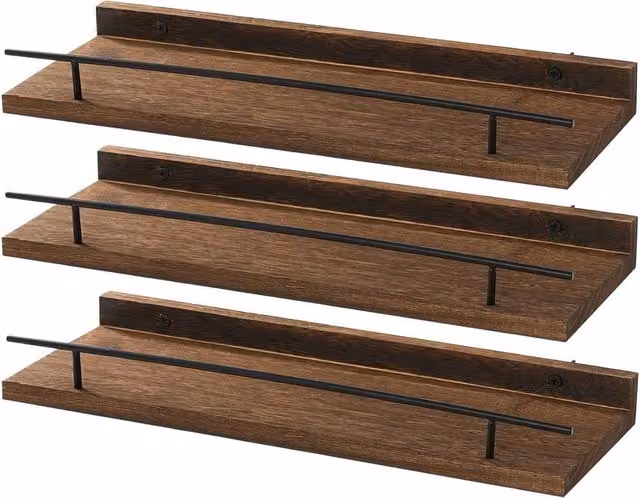 VOGREX Brown 3-Piece Industrial Wood and Metal Floating Wall Display Shelves