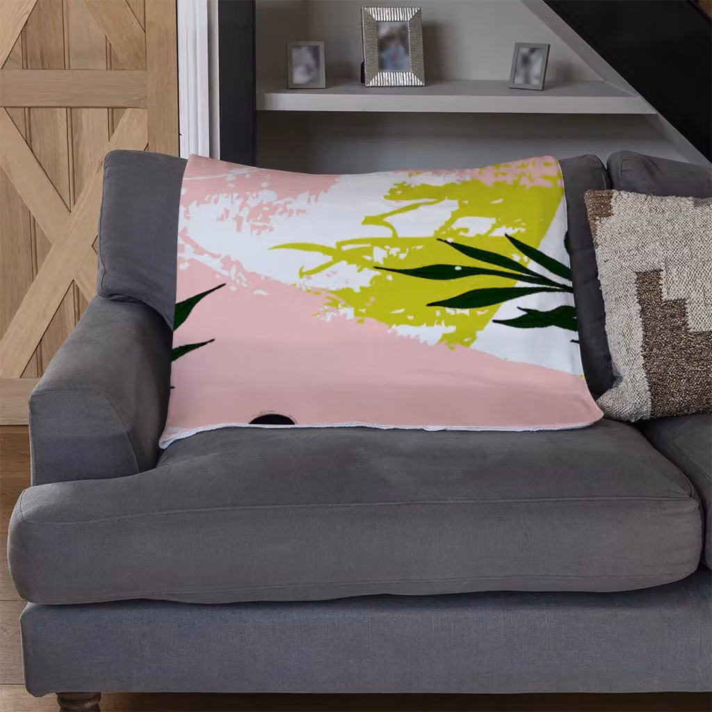 Benjamin Tate Design Green Leaves On Brush Strokes Fleece Blanket in Pink, Green and Sand, W/D/H: 120 x 150 cm – 3