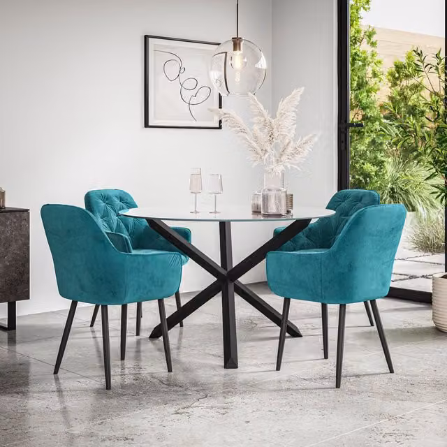 More4Homes Malvern Round Dining Table and Anika Blue Velvet Chair Set, Clear Glass Top with Solid Oak Black Legs, Diameter: 120 cm, Height: 75 cm