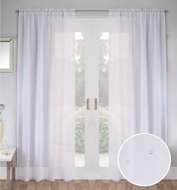 Tyrone Textiles Pair of White Sheer Voile Slot Top Fabric Panels with Diamante Detail, Width: 122 cm