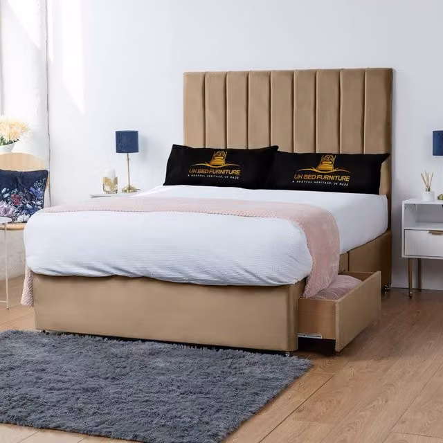 UK Bed Furniture Ashford Divan Bed with 2 Drawers, 26 Inch Headboard, Beige, King Size, W/D/H: 180 x 200 x 66.04 cm