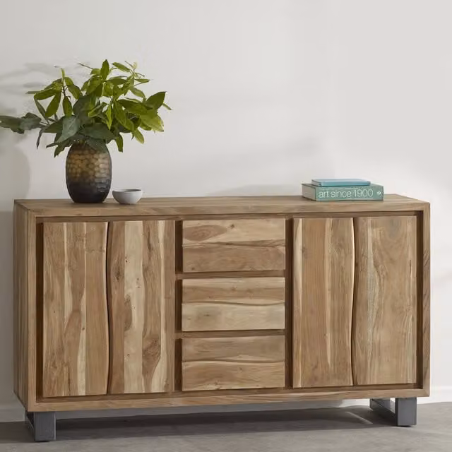 IH Design Modern Acacia Wood and Metal Sideboard in Brown
