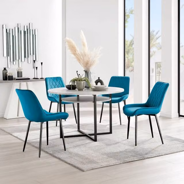FurnitureboxUK Adley Grey Concrete Effect Round Dining Table with Shelf and 4 Blue Velvet Pesaro Dining Chairs – 1