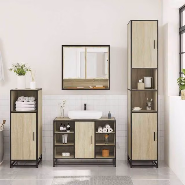 Berkfield Home 3 Piece Industrial Bathroom Furniture Set in Brown and Sand – 1