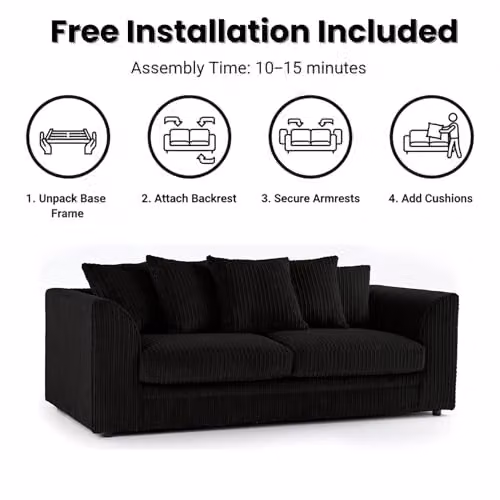 SofaSelection Jumbo Cord 3 and 2 Seater Sofa Set in Black with Scatter Cushions and Solid Wood Frame – 3