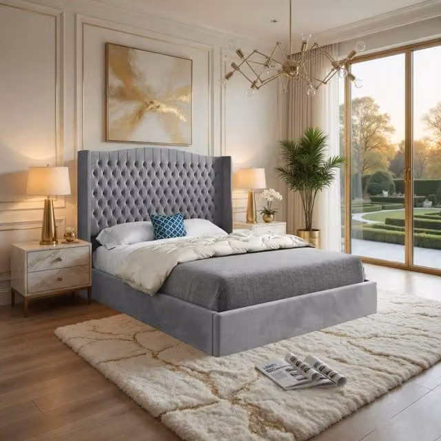 KDMD Stonegrave Winged Upholstered Grey Soft Velvet Designer Bed Frame, W/D/H: 180 x 159 x 137 cm