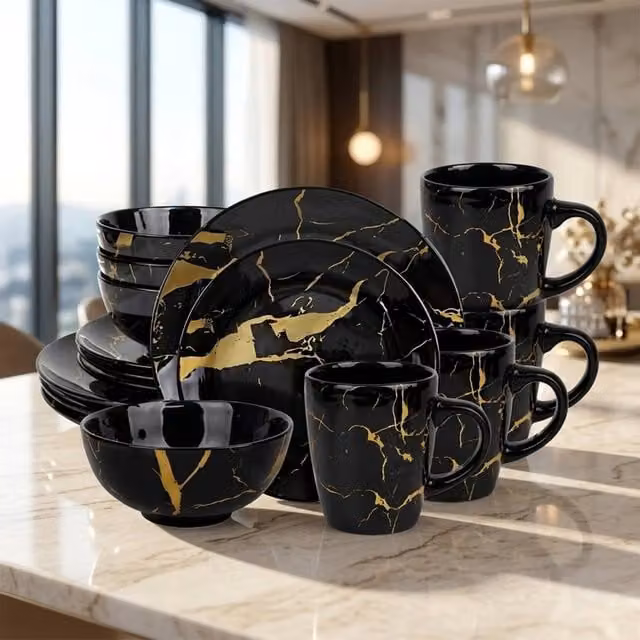 Alivio 16-Piece Ceramic Dinnerware Set in Black and Gold – 1