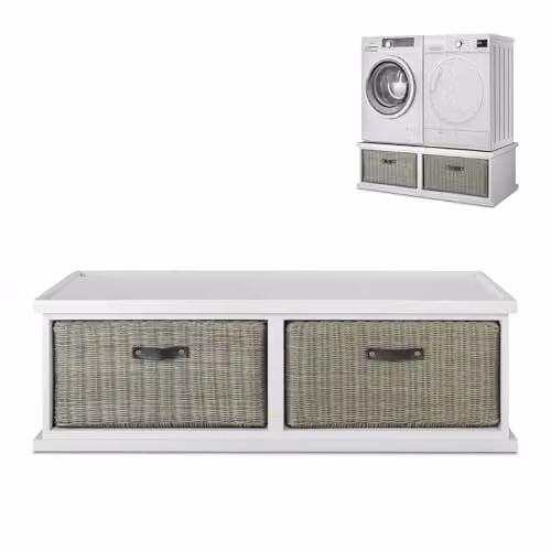 Statement Furniture Tetbury Double Washing Machine Pedestal and Dryer Stand with Rattan Baskets in White, H: 41 cm – 1
