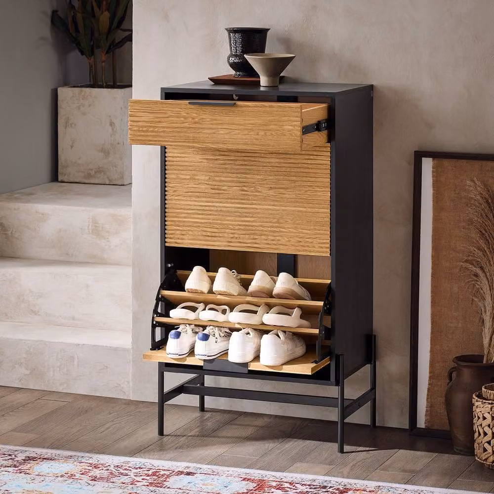 SoBuy Modern Slim Shoe Cabinet in Oak and Black Metal with Soft-Close Doors and Ventilation – 2