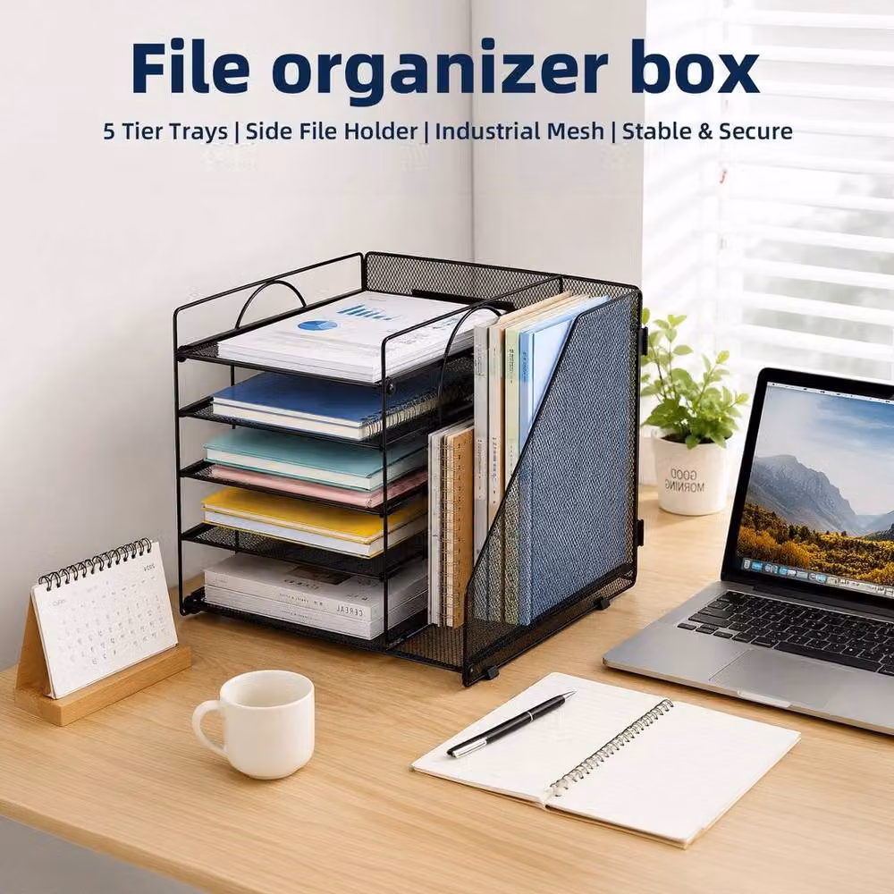 FORGEVIO Black Metal 5-Tier Desk Organiser with File Holder and Letter Tray – 3