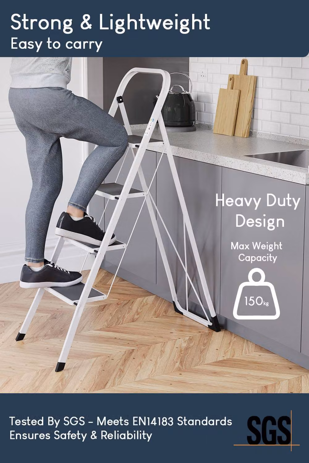 HD Designs 4 Step Folding Ladder with Anti-Slip Mat in White – 3