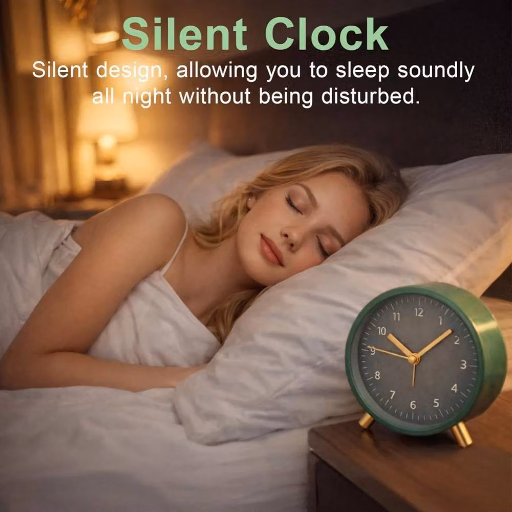 Kelvenix Green Metal Analog Tabletop Desk Clock with Silent Quartz Movement and Illuminated Night Light – 3