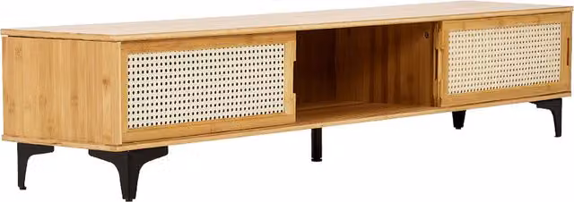 Livingandhome Modern Geometric Wooden TV Stand with Sliding Doors in Matt Brown