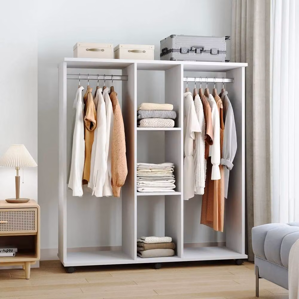 NESTLUNE Mobile Open Wardrobe and Storage Shelves, White, W/D/H: 120 x 40 x 128 cm – 3
