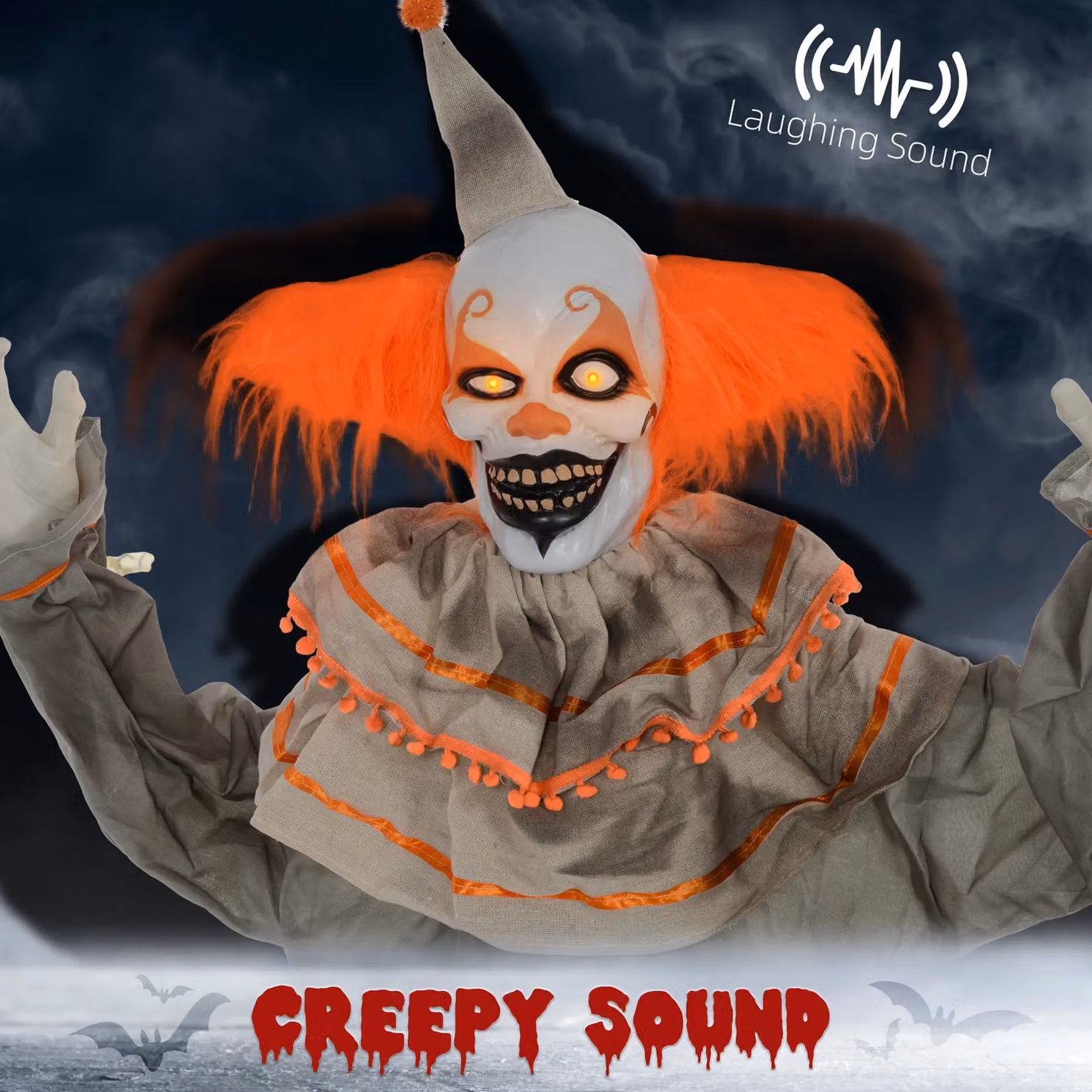 HOMCOM Halloween Clown Animatronic Prop with Light Up Eyes in Grey, Orange and Red – 3