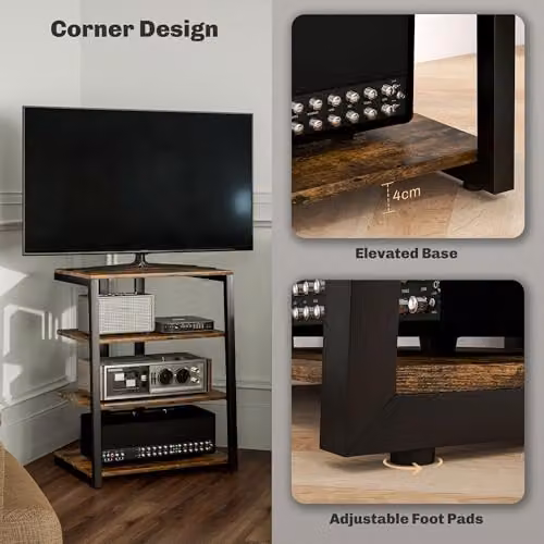 HOMCOM 4-Tier HiFi Stand Media Storage Shelf in Rustic Brown – 7