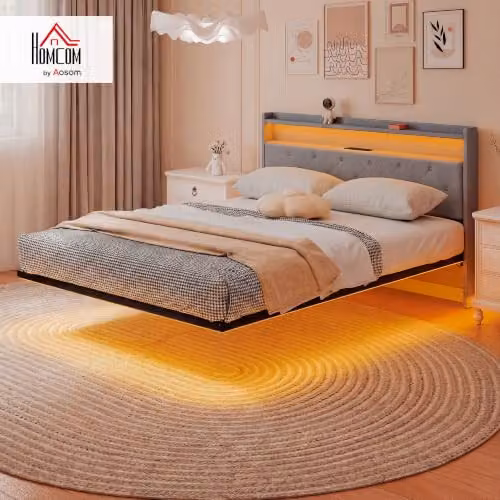 HOMCOM Grey Upholstered Floating Bed Frame with RGB LED Lights, USB Charging Ports and Side Compartments, W/D/H: 150 x 200 cm – 2