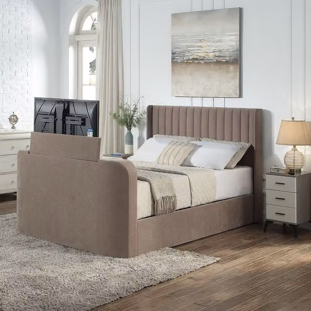 Aspire Kensington Wingback Chenille TV Bed with Ottoman Storage in Beige