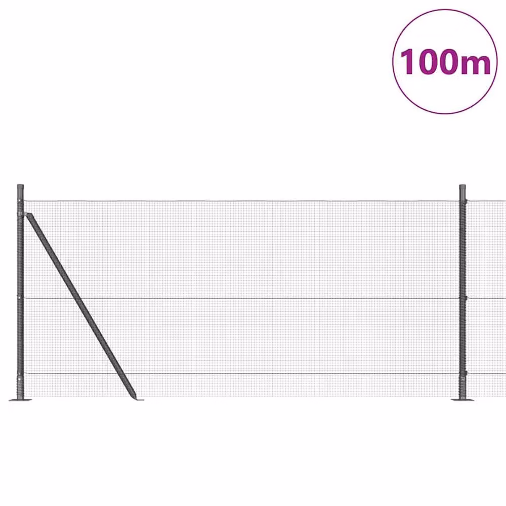 Berkfield Home Grey Powder-Coated Galvanised Steel Welded Wire Fence with 13 Round In-Ground Flanged Posts, W: 100 m, H: 0.8 m – 2