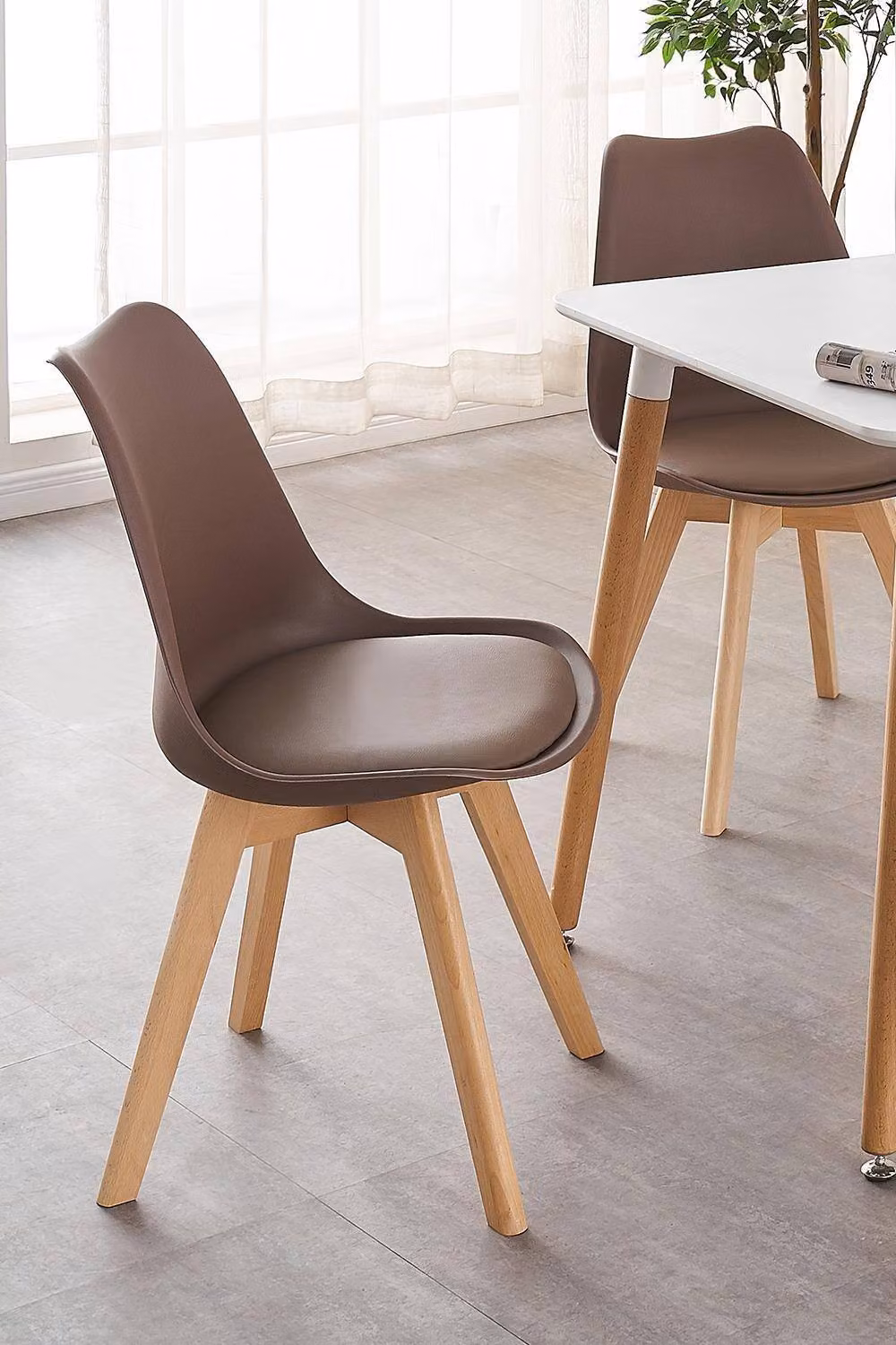 Life Interiors Set of 2 Scandinavian Dining Chairs with Brown Synthetic Leather Cushions and Solid Wood Legs – 3