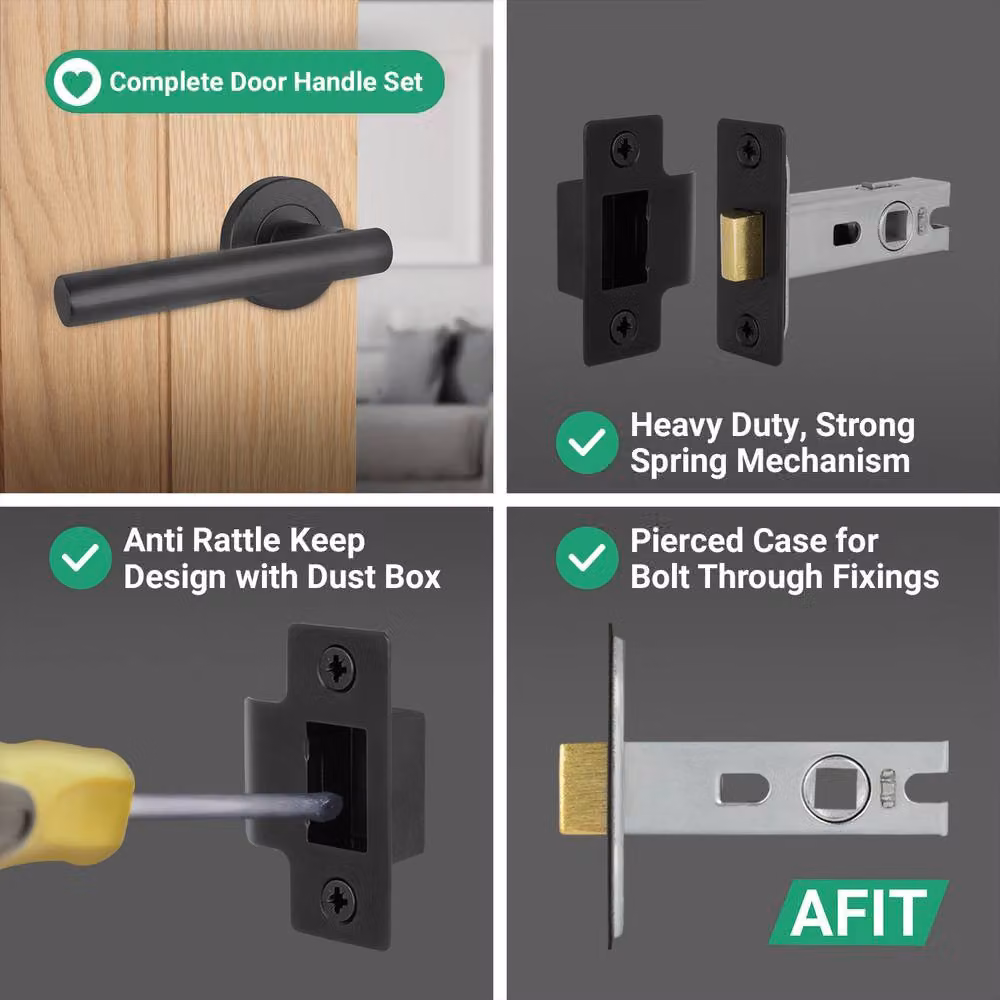 AFIT Olvera Range Black Door Handles with T-Bar Latch and Round Rose, 4 Pairs, W: 15.0 cm x H: 15.0 cm – 7
