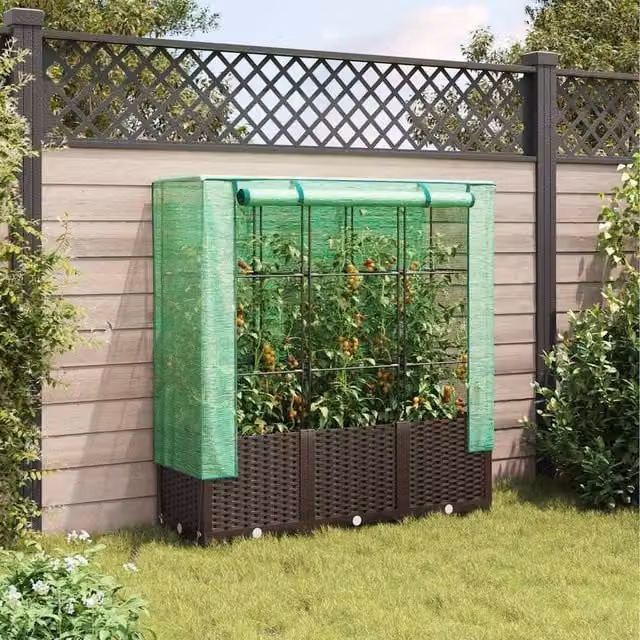 Berkfield Home Raised Bed with Greenhouse Cover in Brown Rattan Look, W/D/H: 120 x 40 x 138 cm – 1