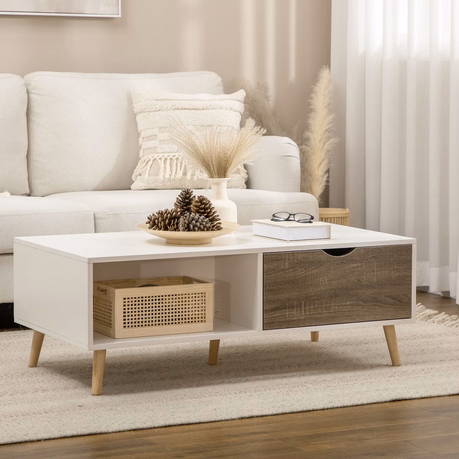 HOMCOM Modern White Coffee Table with Two Drawers, Open Storage Shelves and Solid Wood Legs – 2